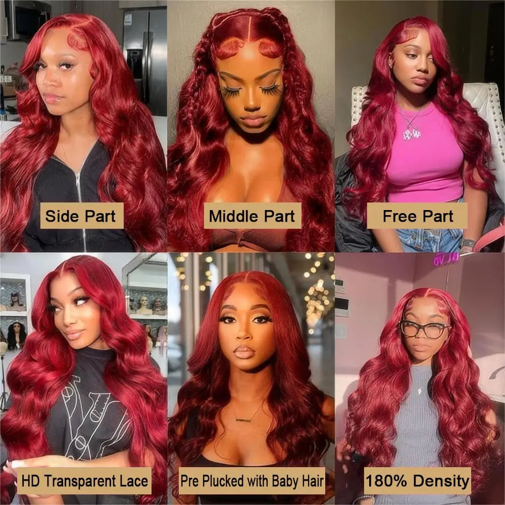 99J Burgundy 13x6 Body Wave Lace Front Human Hair Wig HD Transparent Lace Frontal Wigs Brazilian Red Colored Remy Wigs for Women